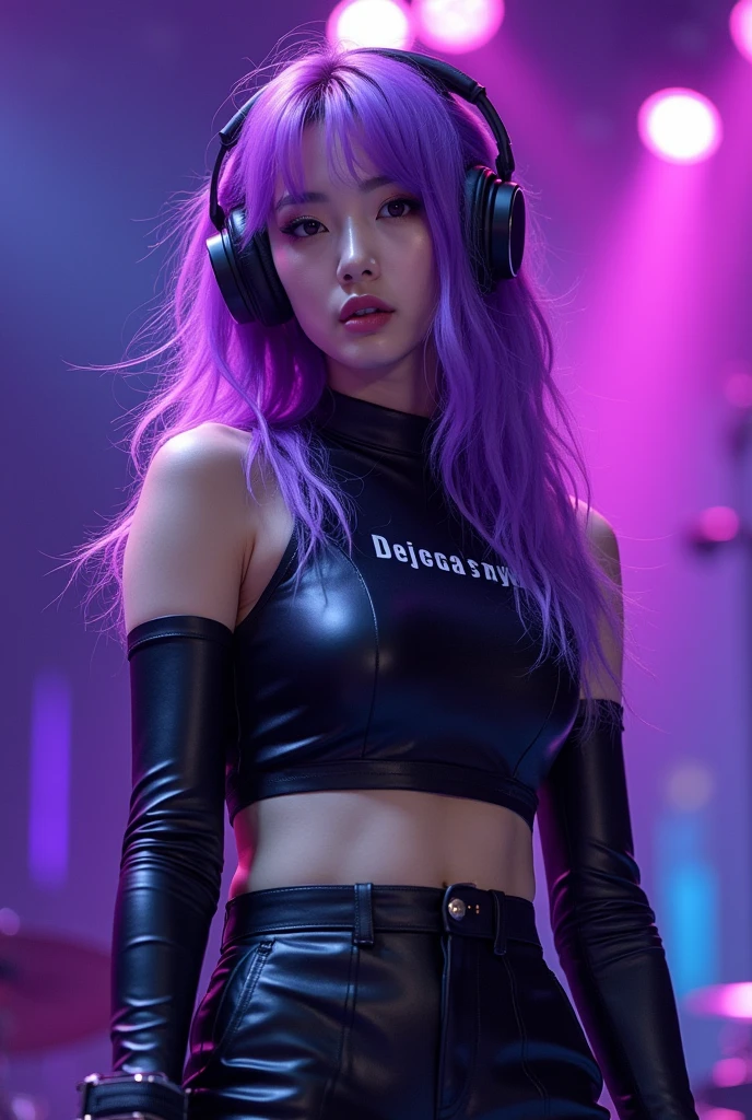 arafed woman in a black top and pink hair standing next to a DJ's mixer, rave girl, raver girl, 1 girl, DJ rave, unreal engine, rave makeup, in cyberpunk style, has cyberpunk style, rave inspired, cyber punk setting, cyberpunk vibes, cyberpunk vibe, beautiful cyberpunk woman model, cyberpunk style color, Hang the headphones from her neck