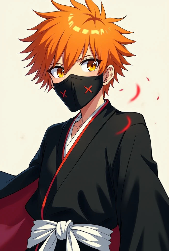 I want you to make a 16 year old boy with orange hair and yellow eyes with clothes from Bleach, the anime Soul Reaper. I want him to wear Ichigo's clothes. I want him to be really cute like a kid. and I also want him with a bleach vizard mask too.