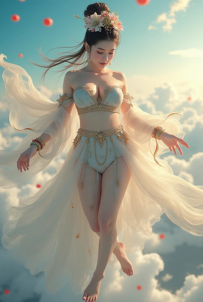 The goddess、coin gold、Thick body、Curvy Body、Curved waist、Large Breasts、White skin、Gorgeous outfit embroidered with intricate embroidery、Exposed breasts、Flowing tulle、Long transparent colorful ribbons tied around the arm、China's Cinderella-inspired、belly button、Bare shoulders、Bare neck、Flower Hairpin、bangle ribbon、wreath、wreath、bracelet high bun hair、 anklet、Swimming above the clouds、Flying gracefully through the sky、Metal chain tassels at waist、Mogao Caves Art、Ink Painting、CGSTATION Pop、On a sunny beach、(whole body))、((Ultra-realistic))