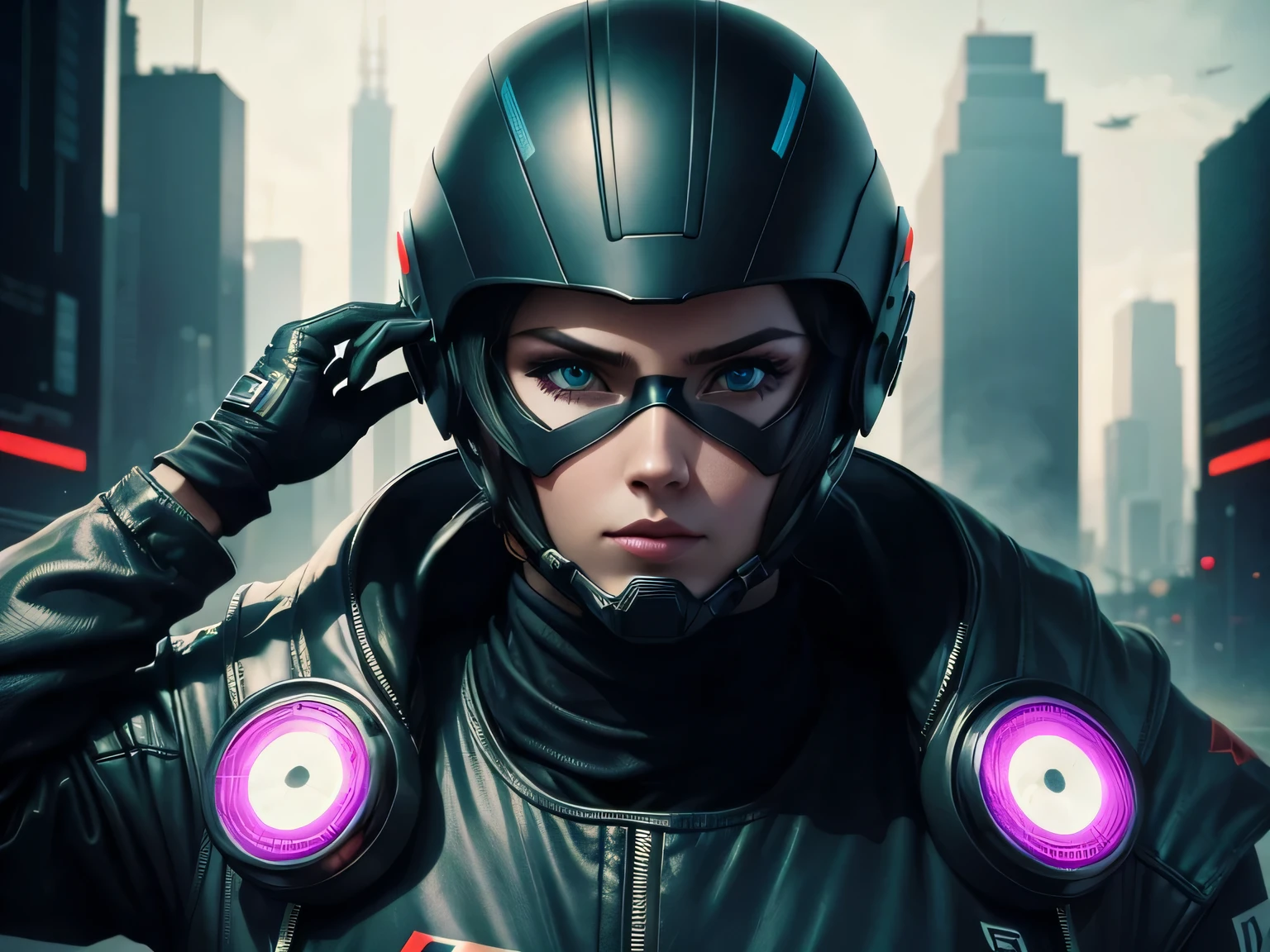 futuristic woman wearing a racing helmet, black backdrop, racing driver, looking straight ahead, beautiful eyes, poster layer,