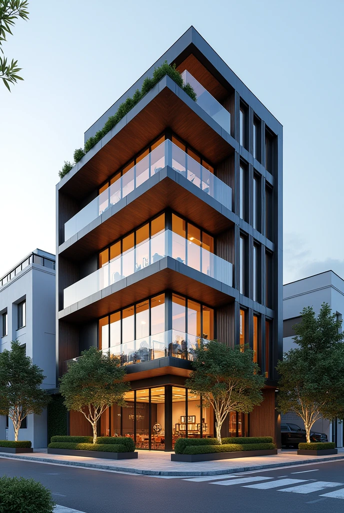 Give me a 4-story building where each one is sectioned by: 

First floor a restaurant Second floor a gym Third floor a spa Top floor an apartment or house