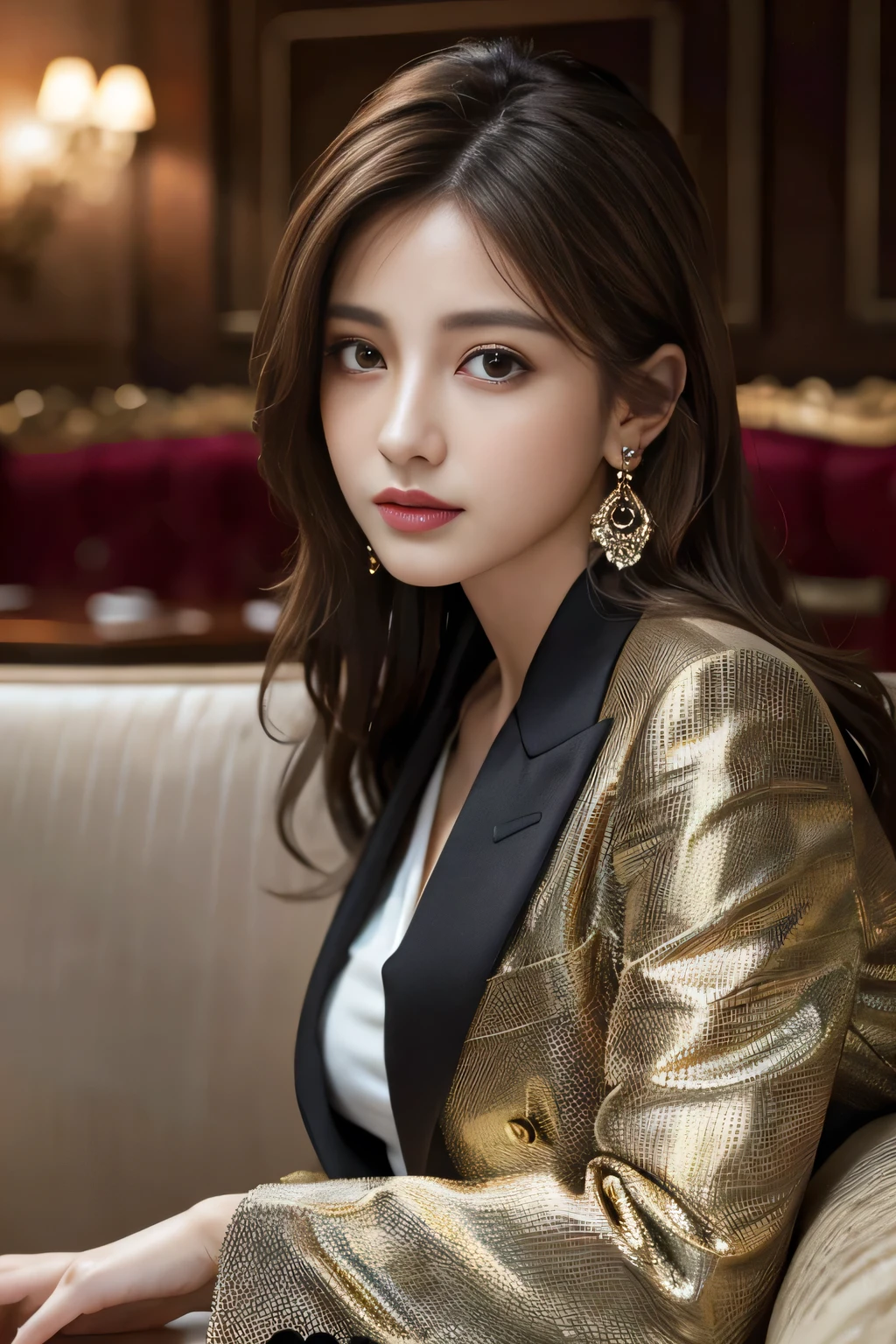 masterpiece, Highest quality, Realistic, Very detailed, Finer details, High resolution, 8k wallpaper, One beautiful woman, Wear a nice suit, In a great restaurant, At night, Light brown messy hair, Perfect dynamic composition, Beautiful and beautiful eyes、Big earrings、Sit on the sofa