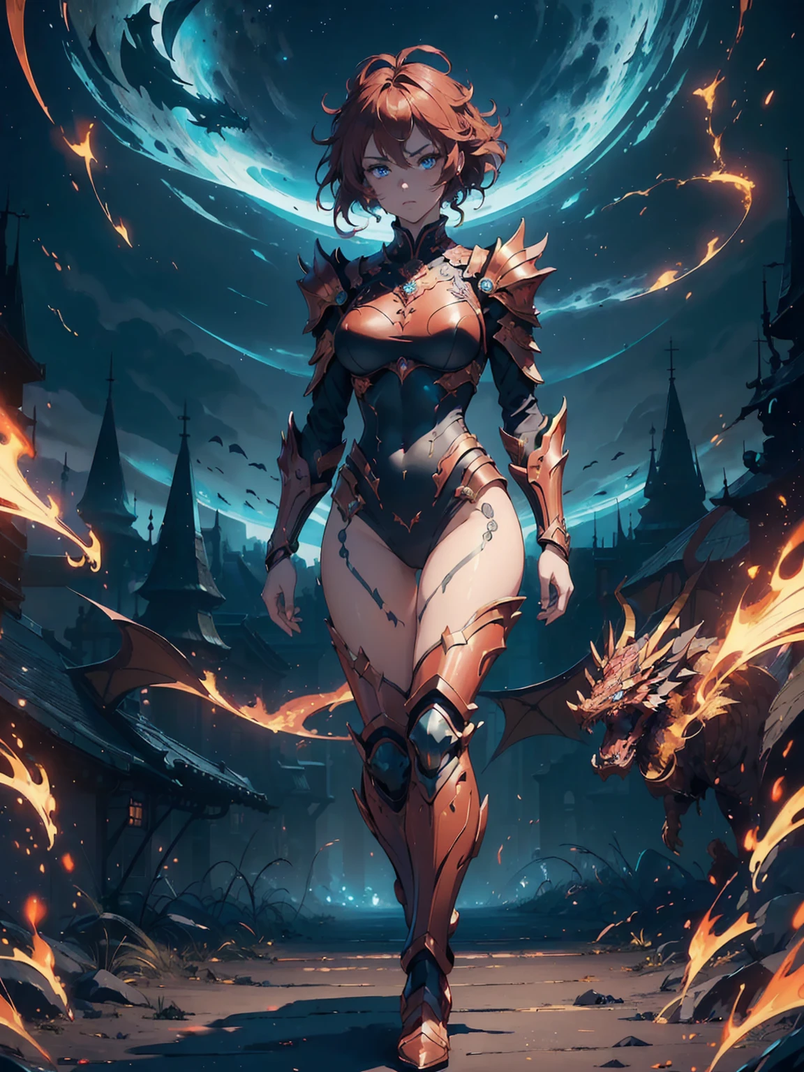 (((masterpiece, best quality, 8k))), girl, (full-body), dragon armor, intricate details, red glow, short shilver hair, back messy hair, detailed hair strands, light blue eyes, dominance expression, walking in lesser caotic place as she rule the world, fire background, and dragons in the night sky, fierce aura, (high quality ilumination)