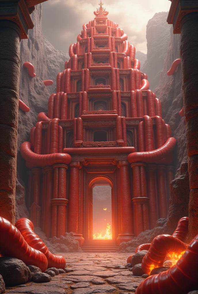 a grand ancient temple of sausages, highly detailed, intricate architecture, beautifully carved stone, massive columns, warm lighting, glowing embers, mystical atmosphere, fantasy landscape, dramatic lighting, vibrant colors, photorealistic, cinematic composition, award winning digital art