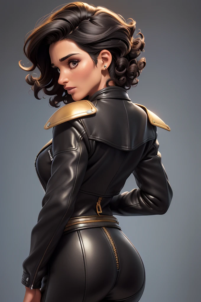obra prima, melhor qualidade, ((only one woman,)) ((andie macdowell, dark tan skin, short black curly hair, heavy makeup eye shadow)) (((wearing thigh length black leather jacket,))) (((jacket is zipped up, jacket covers waist and ass,))) ((jacket has padded shoulders,)) ((jacket has stiff high collar,)) ((gold pvc gloves,)) body is very skinny, ((standing up, arched back, shoulders leaning way back,)) (((camera back view, extreme closeup view of upper body,))) shallow depth of field, highres, HD, 8k, anatomically correct