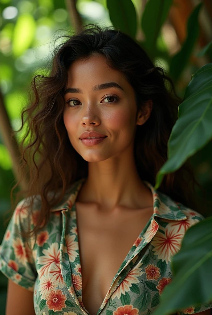 A Brazilian woman in a lush tropical garden, wearing an open shirt with a floral print, with a close-up capturing the harmonious beauty between her breasts and the natural flowers, showing off your natural charm and outgoing personality.