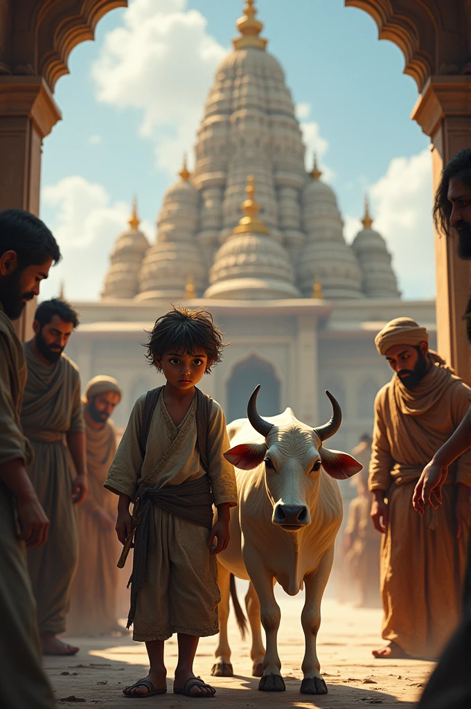 A poor boy went to the temple to worship, but the people did not allow his cow to worship.
