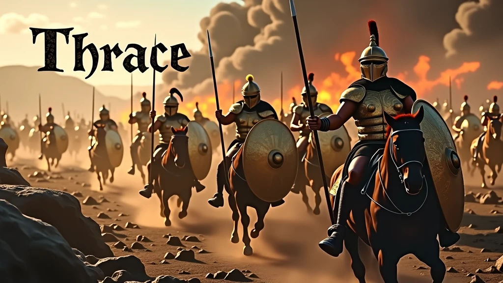 ( photographie ; ultra-réaliste ; ultra-détailé ) Armée de thrace dans la grèce antique portant des armures dorées reflétant la lumière, des tissus noirs, munie de leurs lances d'argents et leurs bouclier dorés, ils chargent vers les ennemies à pied ou à cheval, sur un champ de bataille apocalyptique dévasté, jonché de cadavres. En arrière plan on aperçoit la ville de Troies en feu. Il est écrit "Thrace" dans le ciel en lettre gothique