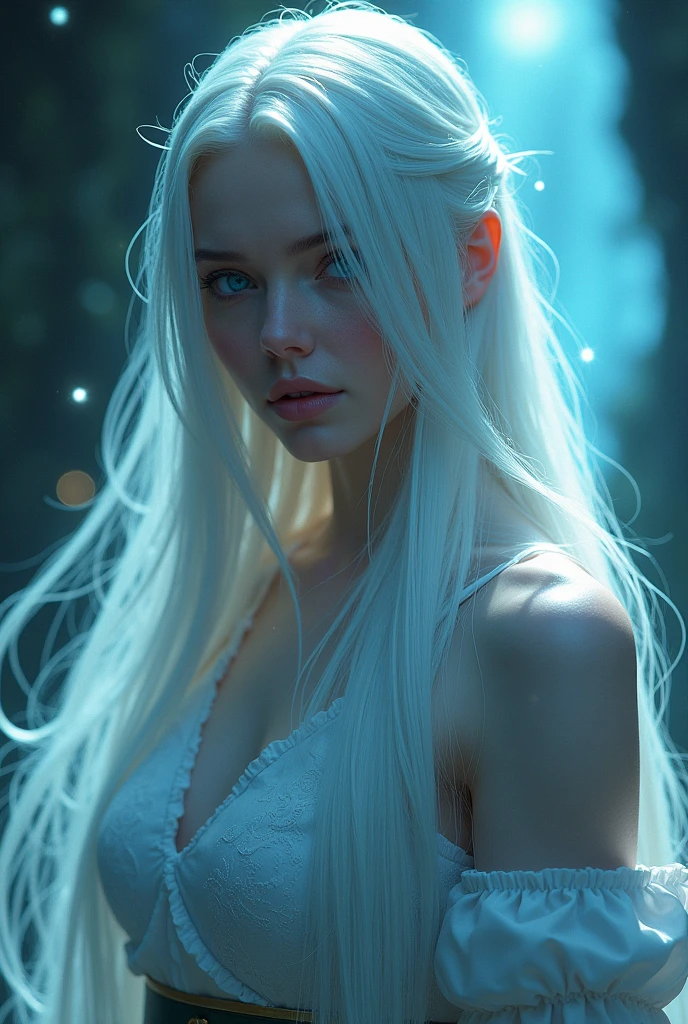 White skin color woman, ocean blue eyes, long white straight hair. witch style
