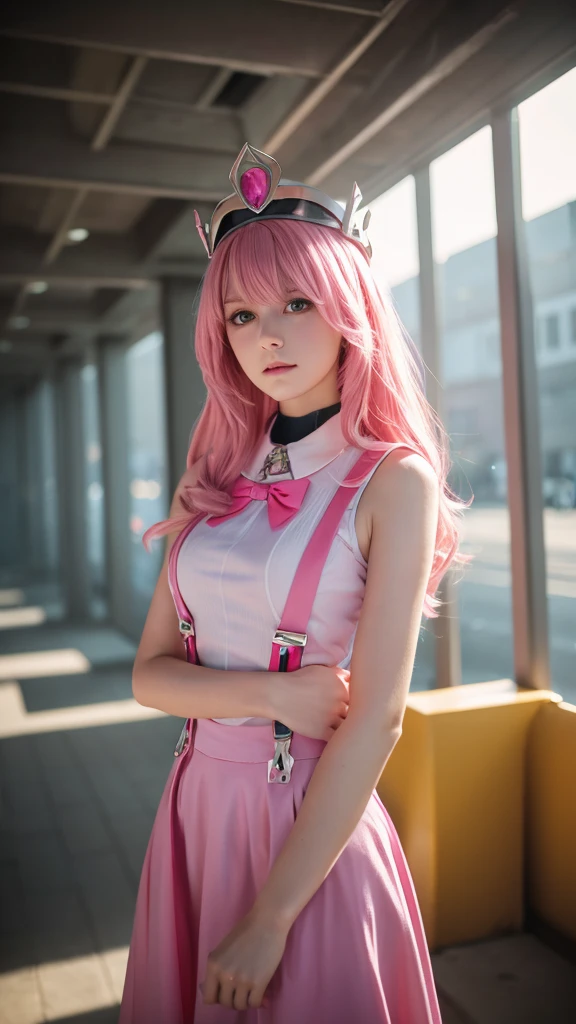 (8k, RAW Photos, Highest quality, masterpiece), Ultra-high resolution, (Realistic, photo-Realistic), One person, Emotionless, alone, Pink Hair, Yellow Eyes, Professional Lighting, Detailed lighting, Backlight, Depth of written boundary, Natural light, Sharp focus, 2 meter shooting range, Professional photography, Detailed eyes, Realistic eyes, Detailed Shadows, CG games, Cosplay, Pink clothes with arm ring, suspenders, Upper Body, Pink clothes, exterior, Crown, Gundam, Mecha, robot