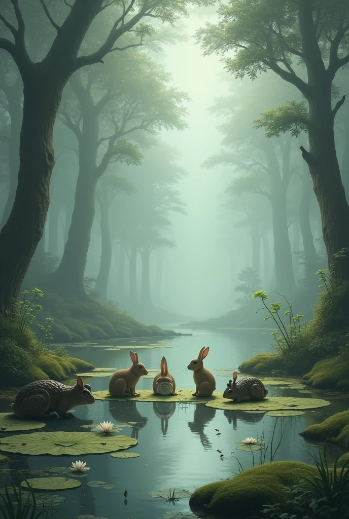 
grey forest with toad and rabbit family in pond