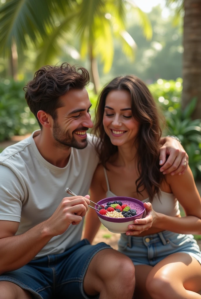 Realistic Man and Girlfriend 25-35 years old, In Brazil eating açaí in a cup , ultra HD, high qualiy, best qualityer, high resolution, 8k, 16K
