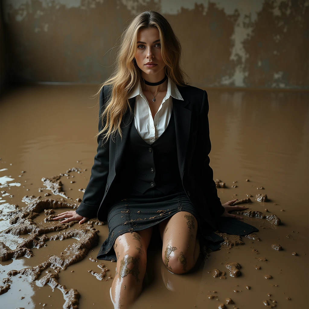 A super realistic photo of one business lady, exuding a slender, model-like appearance with long hair. She is dressed in long and black and very torn business pencil skirt made from cotton and wool fabric, black and muddy and torn business jacket made from cotton and wool fabric. black vest, white shirt, torn stockings, black choker on the neck. She located in very muddy and very flooded field. She sitting on her backs and 2 elbows in flirtatious and provocative pose deep in the water and liquid mud, dips her head in the liquid mud and very tears her clothes and gets stuck in mud, but fully clothed in business skirt suit, she smear a lot of liquid mud on own clothes and torn it by hand. All her clothes is dirty, torn, ripped and sloppy, her skirt and jacket are very stained in a liquid mud and dirt. She look like have played in mud in a large swamp with brown liquid mud, her clothes covered with liquid mud from head to toe. The studio light brilliantly illuminates all her clothes in details, casting small shadows and emphasizing the texture of the mud on her clothes. Please focus on stains of liquid mud on her clothes. View angle of the camera from top and from backs of the business lady and rotated left.,