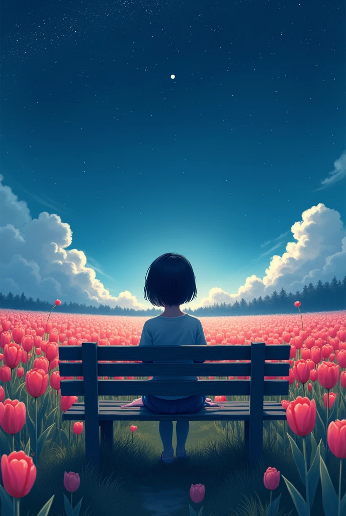 A field of tulips on a night with a very starry sky, a bench in the middle with a girl who has short hair who has an oxygen machine to breathe looking up at the sky