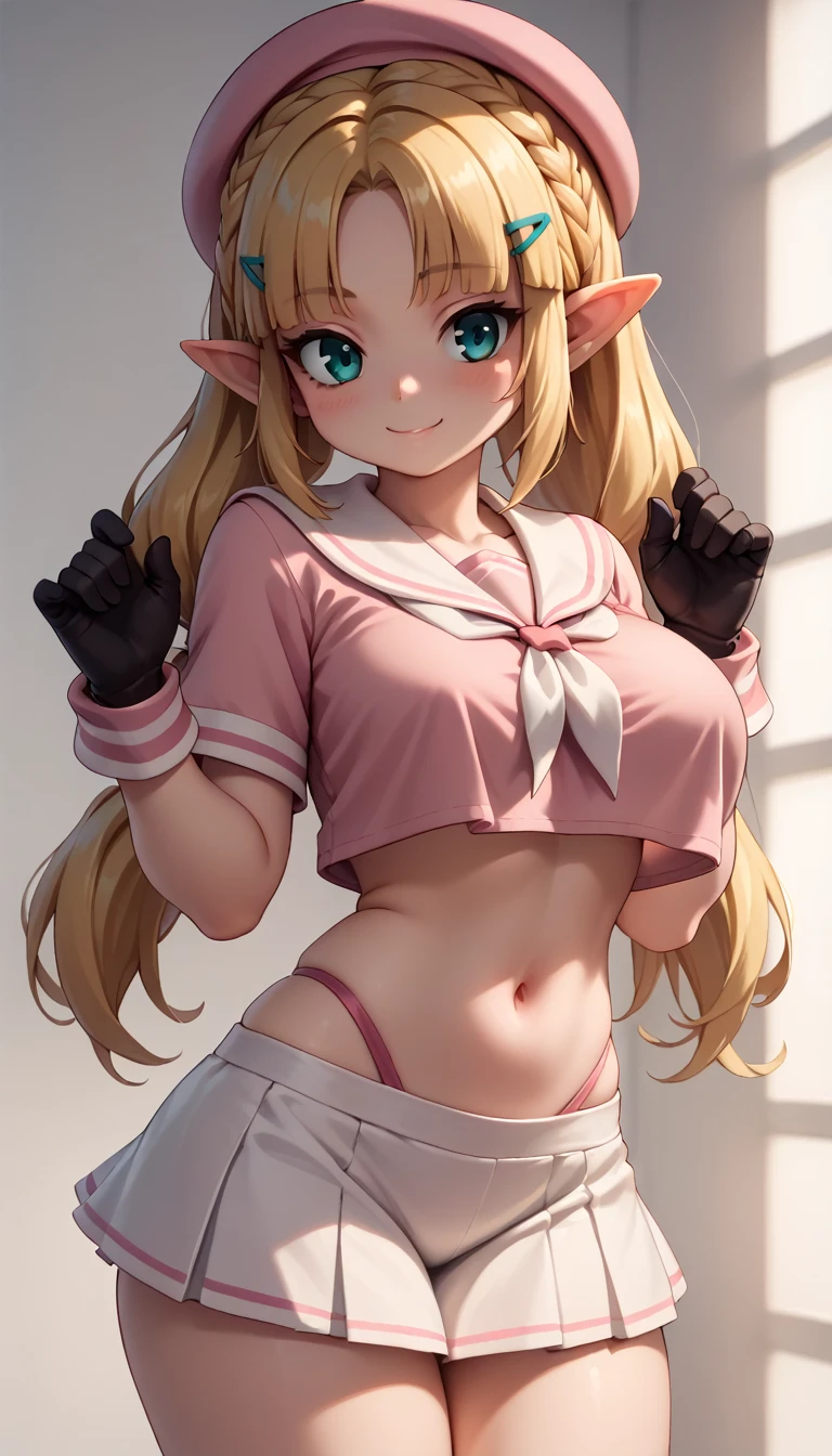 High resolution, Very detailed, perfect lighting, beautiful detailed eyes, ((masterpiece,Best Quality)), absurdities, alone, princess zelda, by the width, crown braid, Hair clip, pointy ears, Gloves without fingers, black gloves, smile, curves, nod, , deep neckline, deep neckline, pink thong, touching her breasts in a sexy way, close up, pigtails with bangs, pigtails with bangs, touching her breasts in a sexy way, teal eyes, close up, pigtails with fringe, pink beret, tight sailor costume, tight sailor costume, white short skirt