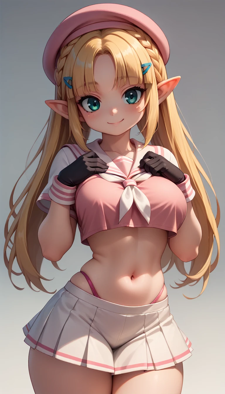 High resolution, Very detailed, perfect lighting, beautiful detailed eyes, ((masterpiece,Best Quality)), absurdities, alone, princess zelda, by the width, crown braid, Hair clip, pointy ears, Gloves without fingers, black gloves, smile, curves, nod, , deep neckline, deep neckline, pink thong, touching her breasts in a sexy way, close up, pigtails with bangs, pigtails with bangs, touching her breasts in a sexy way, teal eyes, close up, pigtails with fringe, pink beret,  tight sailor costume, tight sailor costume, white short skirt 