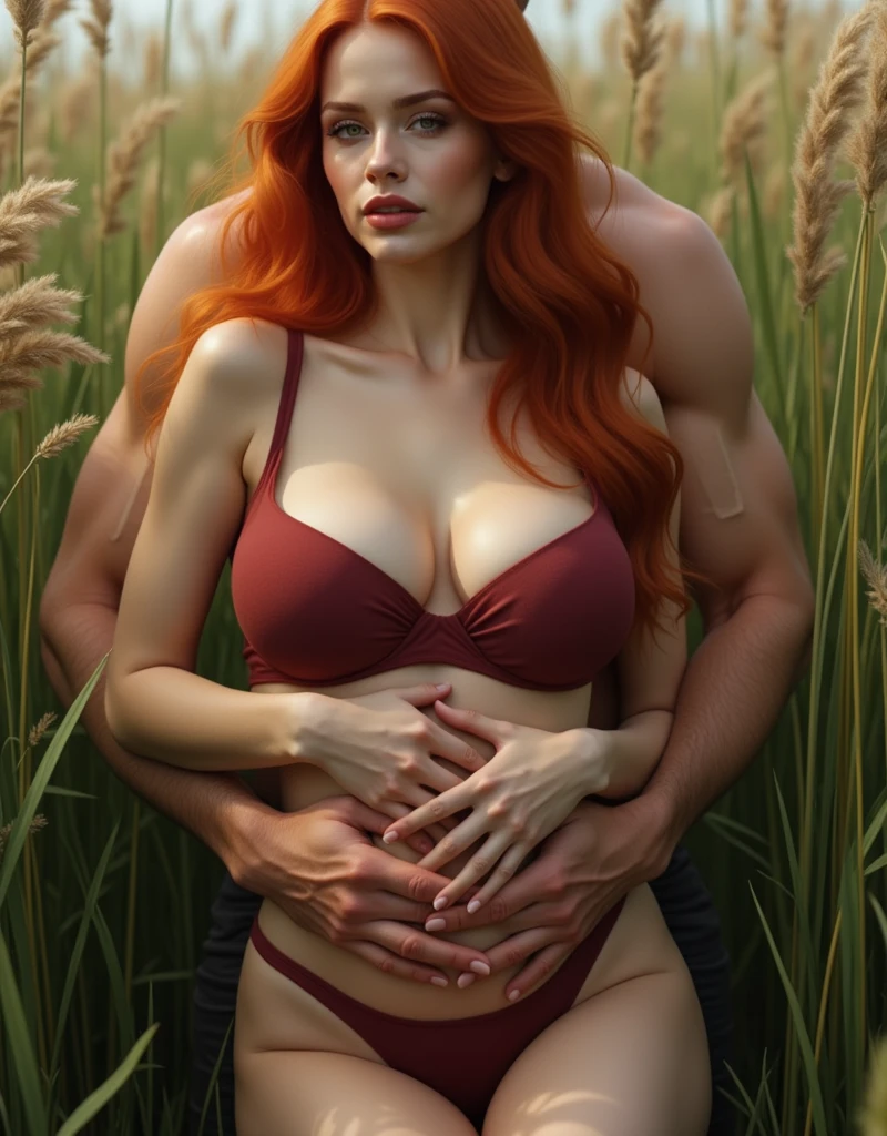 (((Christina Hendricks))), sexy, cleavage, puffy nips, unclad, risqué, red hair, beautiful, curvaceous, sheer dress, 1940s, damsel in distress, being carried by swamp thing, (grope), harassed