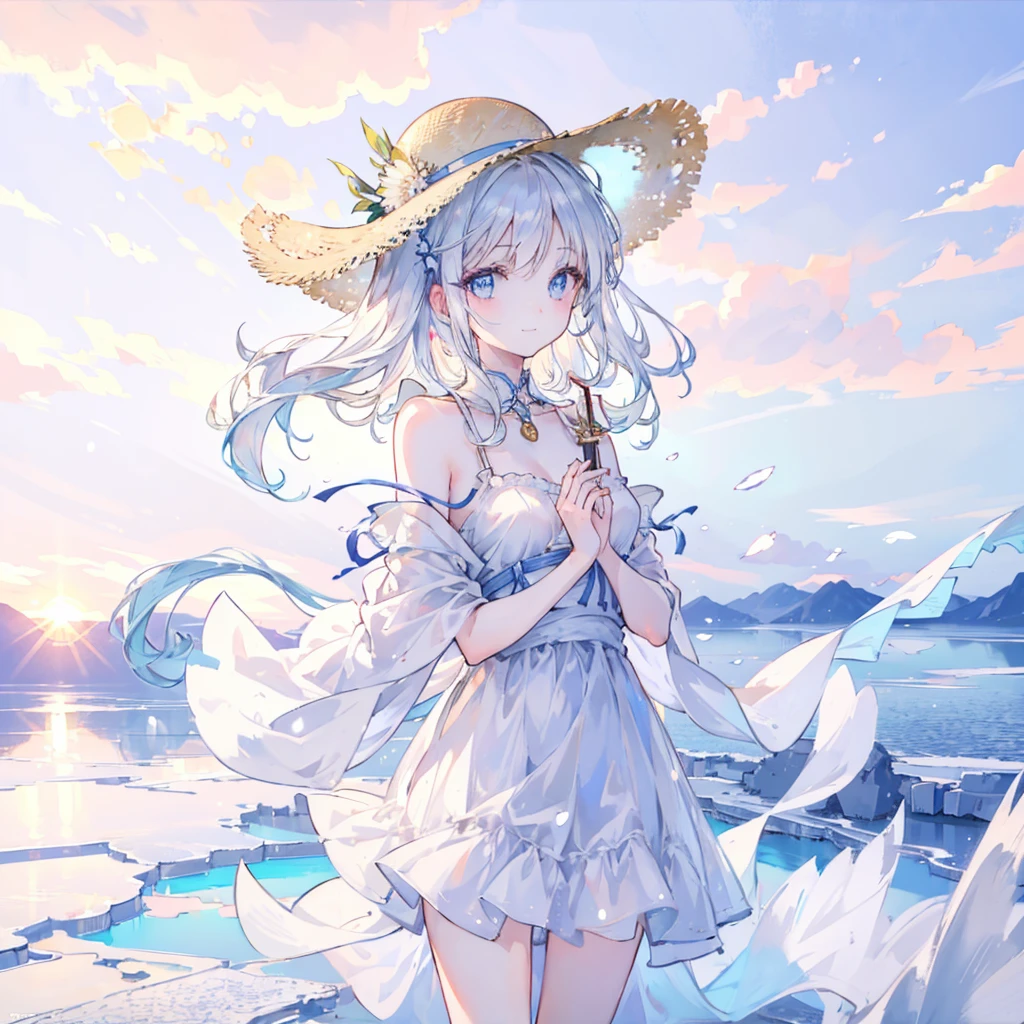1 Girl, masterpiece, Extremely detailed, (Beautiful and delicate light), lens flare, White hair, short hair, Flowing hair, look back, Back, Smile, blue eyes, White Dress, Medium breasts, Upper Body, Wide-angle lens, straw hat, ((Uyuni Salt Flats)), sunrise, cloud, Backlight, 紫色Sky, Sky, 渐变Sky, Place your hands on your hat