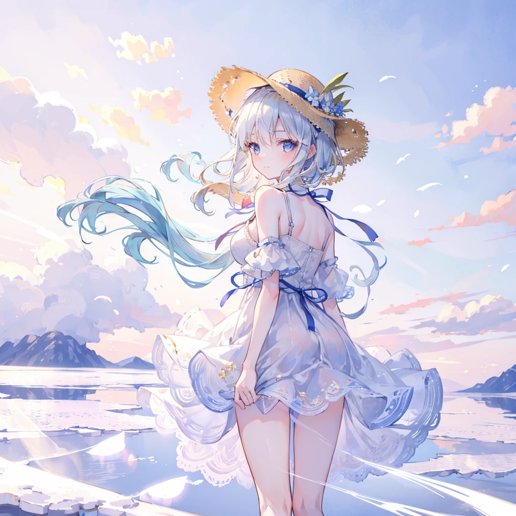 1 Girl, masterpiece, Extremely detailed, (Beautiful and delicate light), lens flare, White hair, short hair, Flowing hair, look back, Back, Smile, blue eyes, White Dress, Medium breasts, Upper Body, Wide-angle lens, straw hat, ((Uyuni Salt Flats)), sunrise, cloud, Backlight, 紫色Sky, Sky, 渐变Sky, Place your hands on your hat