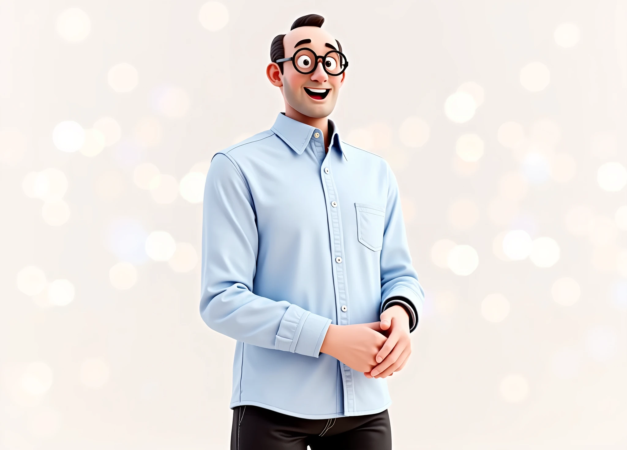 Cartoon character of a man in black glasses and blue shirt, an animated character, stylized character, animation style rendering, 3d stylized, Arnold Maya rendering, Stylized 3D rendering, toon render screenshot, 3d character, 3d character, Stylized 3D rendering, 3D character rendering, cartoon character, Personagem de close up, character posing, (Pixar-style) (master part:1.2) (bokeh) (best qualityer) (skin detailed) (detailed texture) (8k) (Argilla) (cinematic lighting) (sharp focus，Sit down and lift your upper body