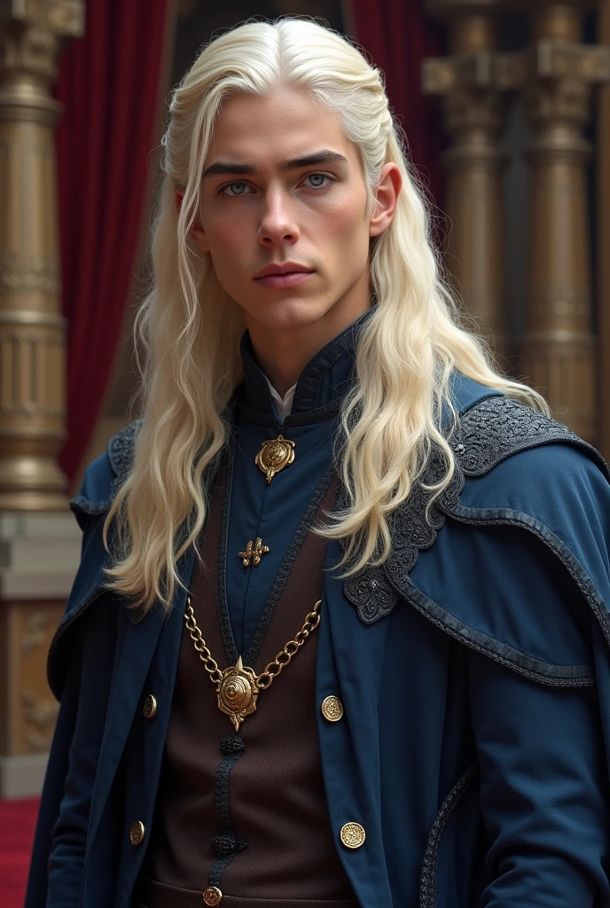 Young man from the Targaryen family with long platinum hair, no beard and violet eyes