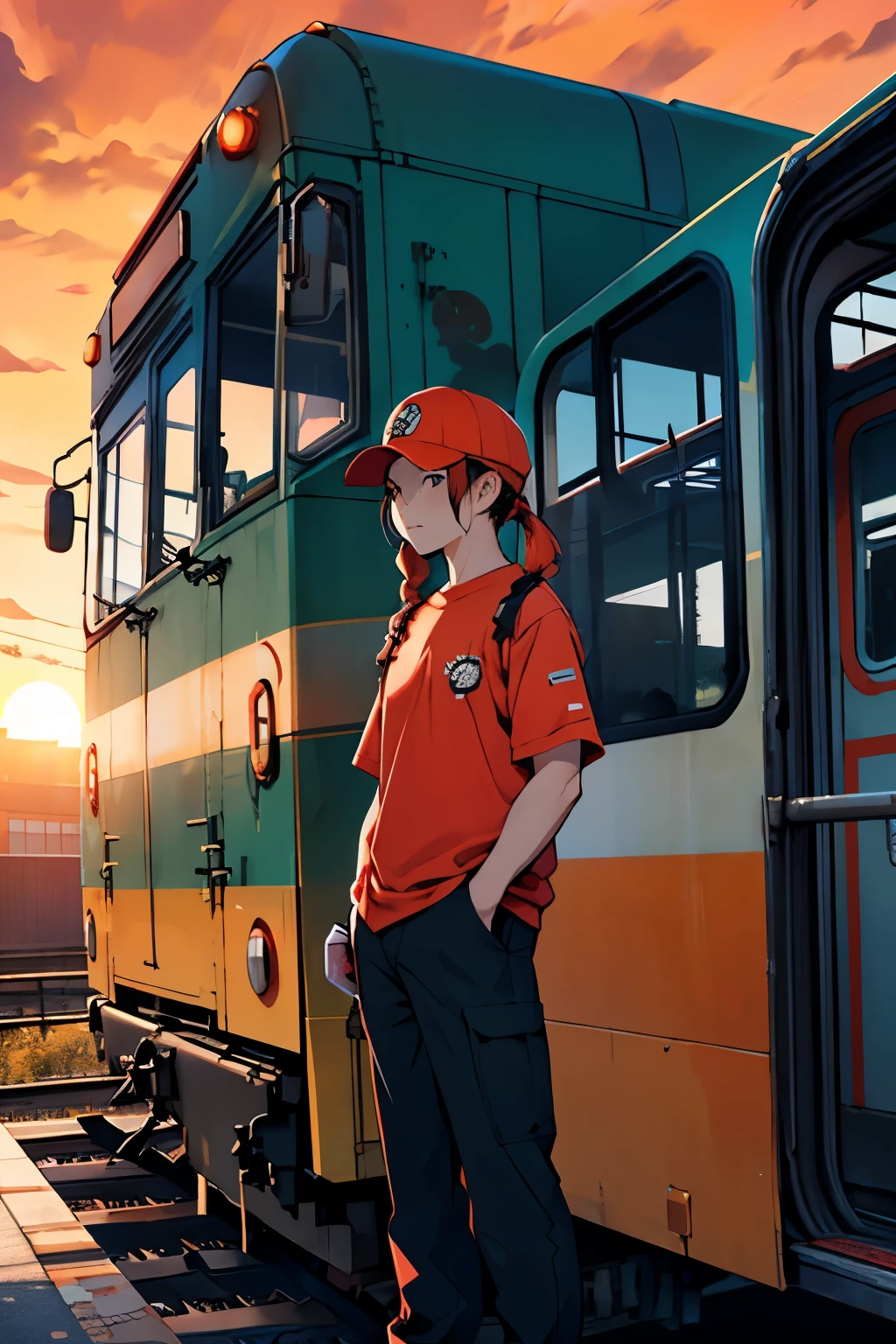 1 boy, standing alone, Red hair, Eyes red, twintails, EMPLOYEE UNIFORM, pants, skull print, Navy cap, Orange sky,, plein-air, train station, standing in front of the bus,,
