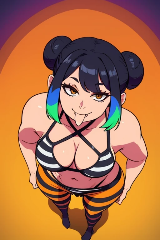 young girl, 35 years old, medium sized breasts, yellow Black striped stockings, Orange striped panty and bra, skulls background, multicolored hair, tight buns, 4k, cute smile, mouth open, tongue out, view from above, Show full body standing 

