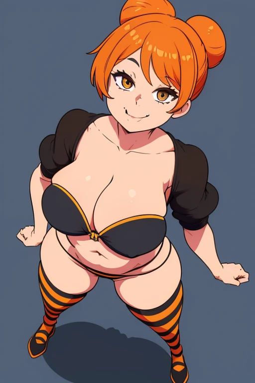 young girl, 35 years old, medium sized breasts, yellow Black striped stockings, Orange striped panty and bra, skulls background, multicolored hair, tight buns, 4k, cute smile, mouth open, tongue out, view from above, Show full body standing