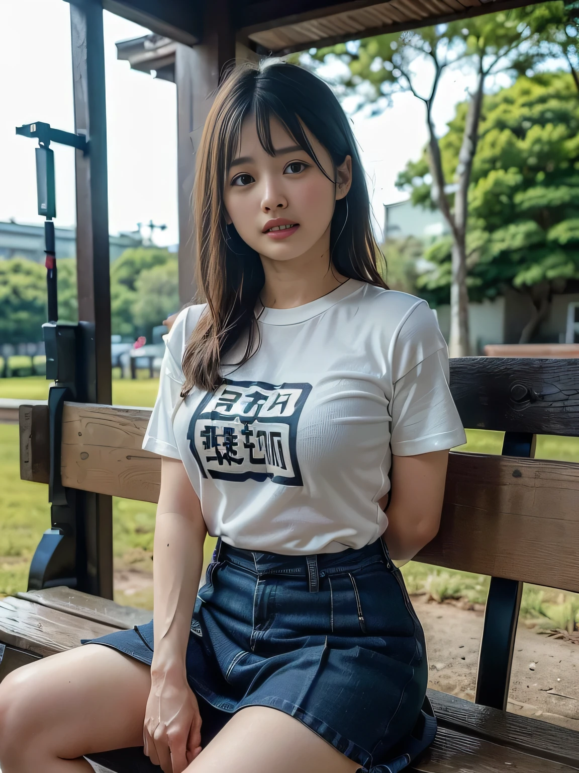 (high quality), (Realistic photos)、1male、1woman、((No audience:1.5))、((Outdoor:1.5))、((Park bench:1.ung Japanese couple arguing face to face:1.4))、((Angry Japanese woman and a Japanese male trying to talk to her:1.4)) 、((White short sleeveTWoman wearing a shirt:1.4))、((whiteTMan in a shirt:1.4))、((A woman glares at a man:1.7))、((A woman wearing a denim skirt that accentuates her thighs:1.4))、((White short sleeveTWoman wearing a shirt:1.4))、((Woman with a terrified expression:1.4))、