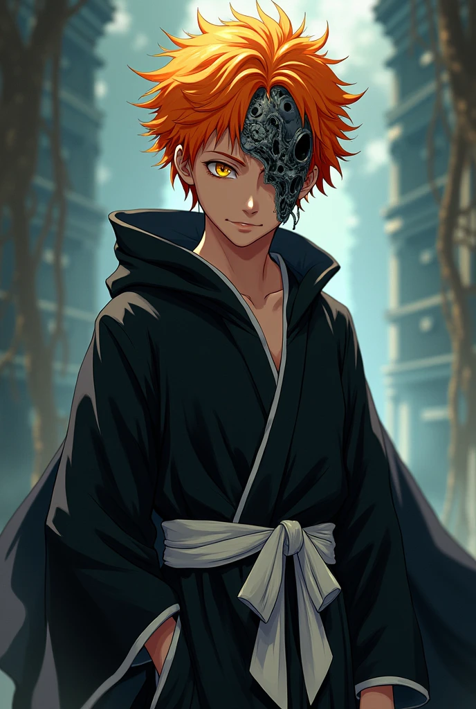 I want you to make a 16 year old boy with orange hair and yellow eyes with clothes from Bleach, the anime Soul Reaper. I want him to wear Ichigo's clothes. I want him to be really cute like a kid. And I also want him with a vizard mask from Bleach, also a mask but of Hollow from the anime Bleach. Please make a Hollow mask.