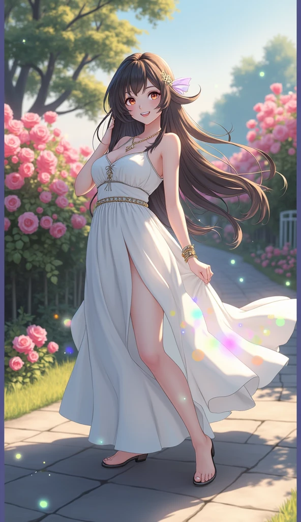 (masterpiece、Highest quality、8k、High resolution)、(One female、Beautiful Face、Beautiful eyes、Beautiful lips、Beautiful nose)、smile、The white upper teeth are faintly visible、Brown-black hair、(The best girl in anime)、garden、blue sky、Colorful flowers are blooming、Vibrant colors、Red roses are beautiful、(Body、whole bodyから神秘的な光の粒子、Colorful light particles、A mysterious light glowing around the head)、melt、jewelry、necklace、dress、(whole body)、Highly detailed anime art、A complete portrayal、