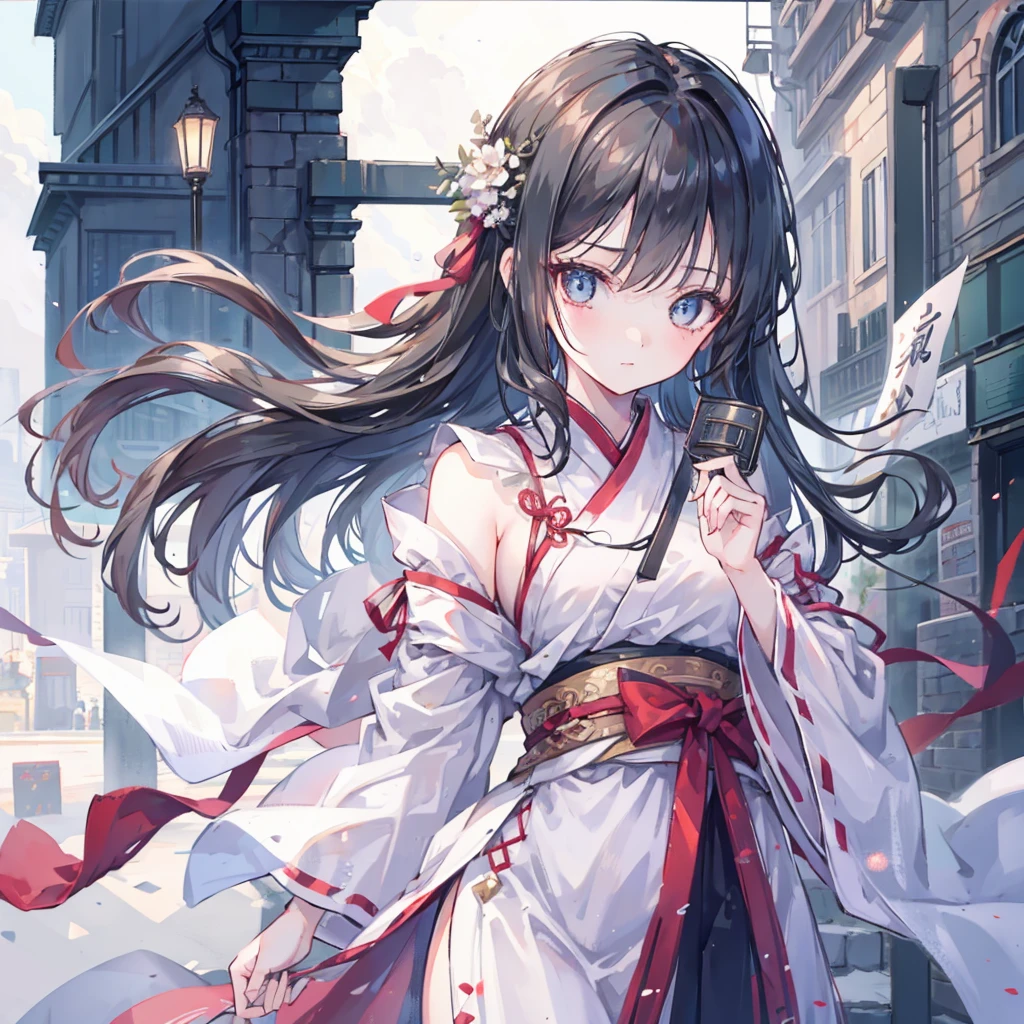 1 Girl,whole body,Extremely detailed face, Beautiful and delicate eyes,There is light on the face,Movie Lighting,Looking at the audience,outdoor,Black Hair,(Black Chinese Building:0.05),Hanfu,