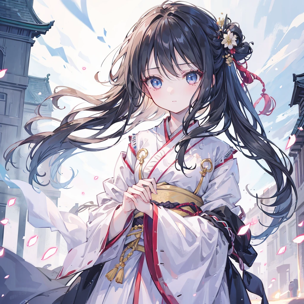 1 Girl,whole body,Extremely detailed face, Beautiful and delicate eyes,There is light on the face,Movie Lighting,Looking at the audience,outdoor,Black Hair,(Black Chinese Building:0.05),Hanfu,