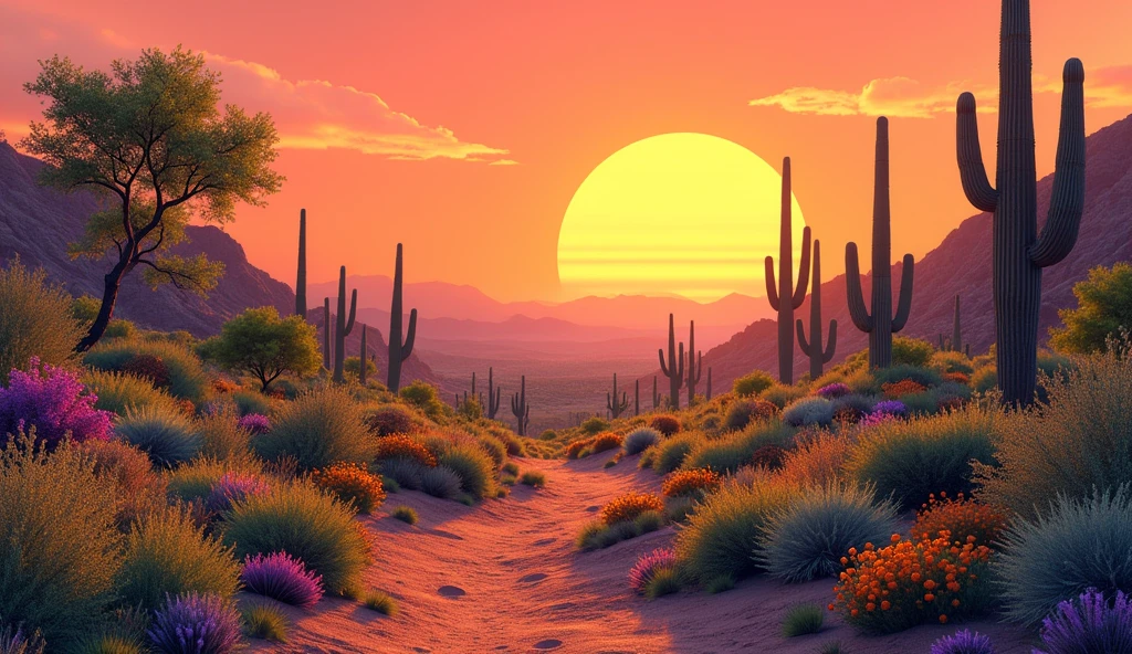 Create a scrubland landscape in the state of Arizona, USA, with a beautiful orange sun, conveying an idea of hope, with a beautiful horizon. Place shrubs and trees from the area, Plenty of vegetation.