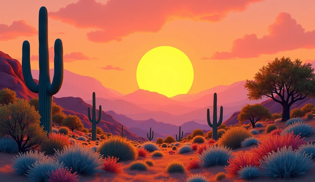 Create a scrubland landscape in the state of Arizona, USA, with a beautiful orange sun, conveying an idea of hope, with a beautiful horizon. Place shrubs and trees from the area, Plenty of vegetation.