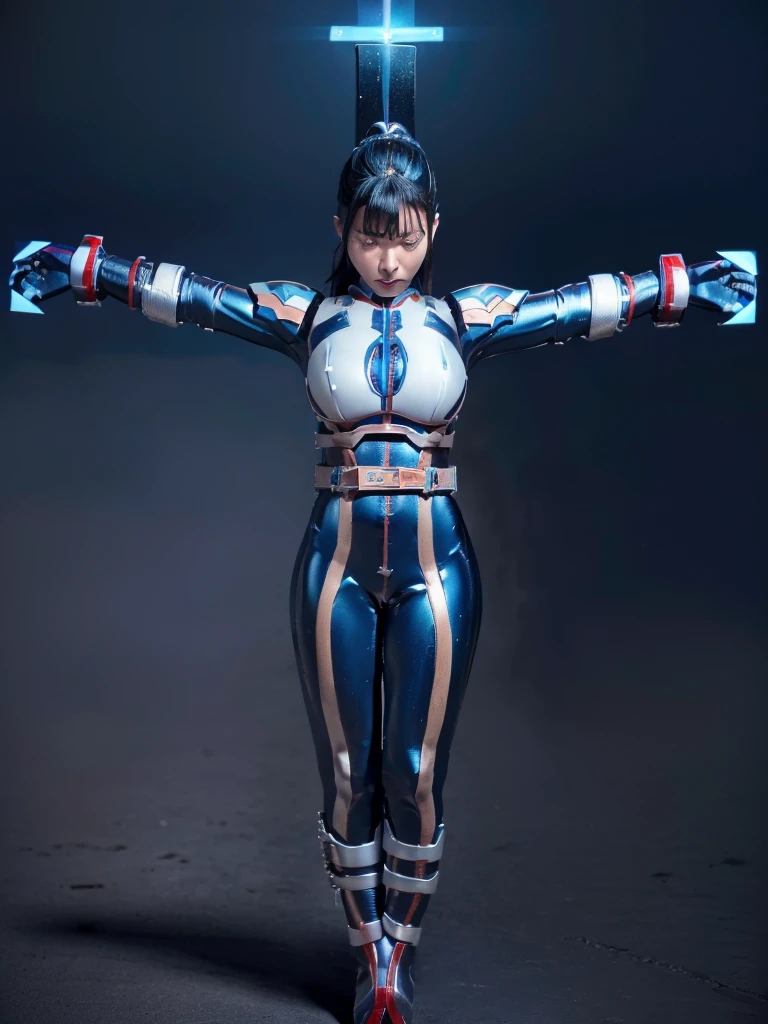 Highest quality,masterpiece,Ultra-high resolution, Very detailed, 8k,(Beautiful woman),Beautiful 25-year-old Japanese woman:1.5,Black hair ponytail、((Crucifixion)),torture,slave,((クロスにCrucifixionにされた女性:1.5)),Crucifixion刑,(((Shiny blue and white futuristic hero suit))), (Blue and white shiny hero suit, Big Breasts、Voluptuous body)、Torn Costume、(((Dirty outfit)))、((Torn Costume)), ((Scream with a look of pain)), (((A body covered in scars))),Military Harness,
