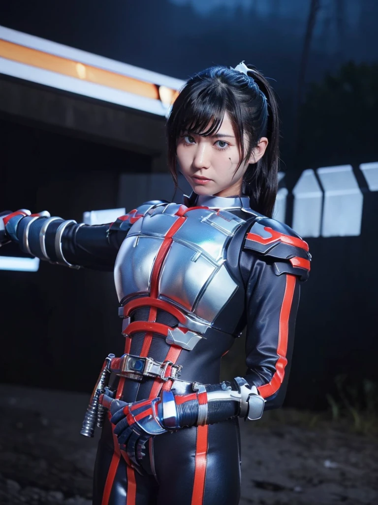 Highest quality,masterpiece,Ultra-high resolution, Very detailed, 8k,(Beautiful woman),Beautiful 25-year-old Japanese woman:1.5,Black hair ponytail、((Crucifixion)),torture,slave,((クロスにCrucifixionにされた女性:1.5)),Crucifixion刑,(((Shiny blue and white futuristic hero suit))), (Blue and white shiny hero suit, Big Breasts、Voluptuous body)、Torn Costume、(((Dirty outfit)))、((Torn Costume)), ((Scream with a look of pain)), (((A body covered in scars))),Military Harness,