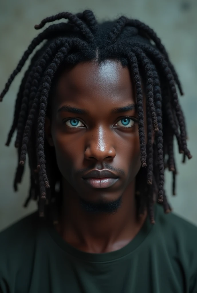 A dark-skinned young man, Medium Length Dread Hair, Blue eyes and a calm expression
