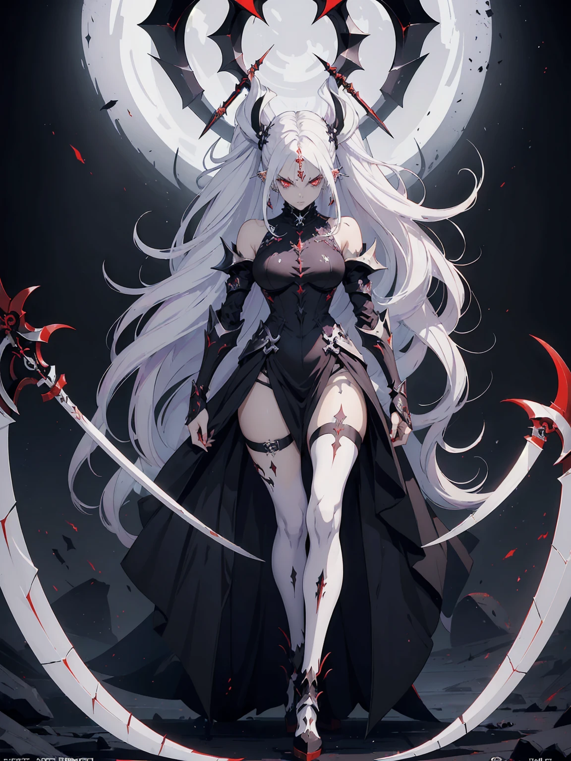 (((Masterpiece, best quality, 16k))) female character with long white hair and piercing red eyes. She wears a demonic armor in purple, black, and white. wields a large, stylized scythe. The character has a menacing expression, with a chaotic environment as the background. ((full body front view)). ((slender)), (extremely detailed:1.5), (long white hair:1.2), (piercing red eyes:1.2), (chaotic environment:1.1), (demonic armor:1.3), (stylized scythe:1.3).
