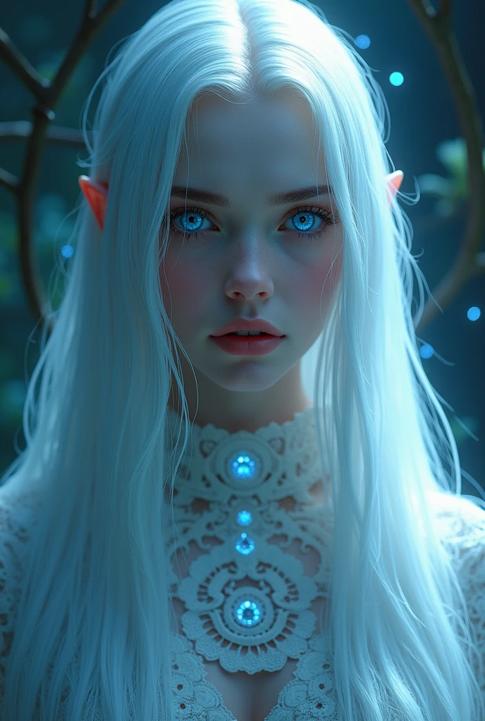 White skin color woman, ocean blue eyes, long white straight hair. witch style