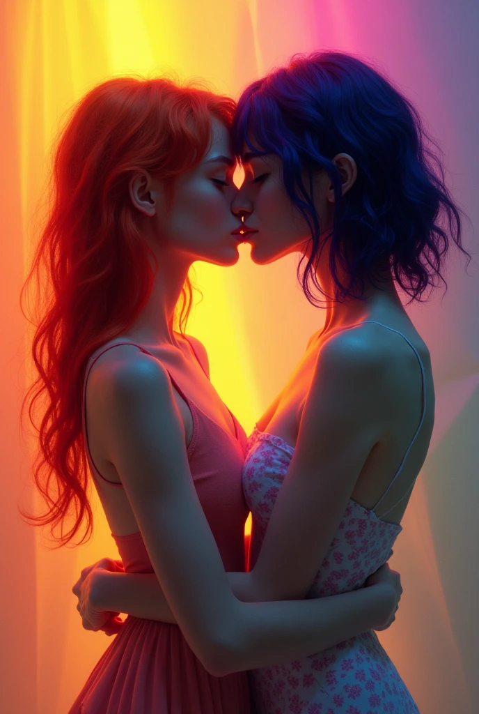 red hair girl, orange, cerulean, purple, yellow and green, thin and white, beijando de língua com outra garota de cabelos purples com mechas pretas, thin and white.