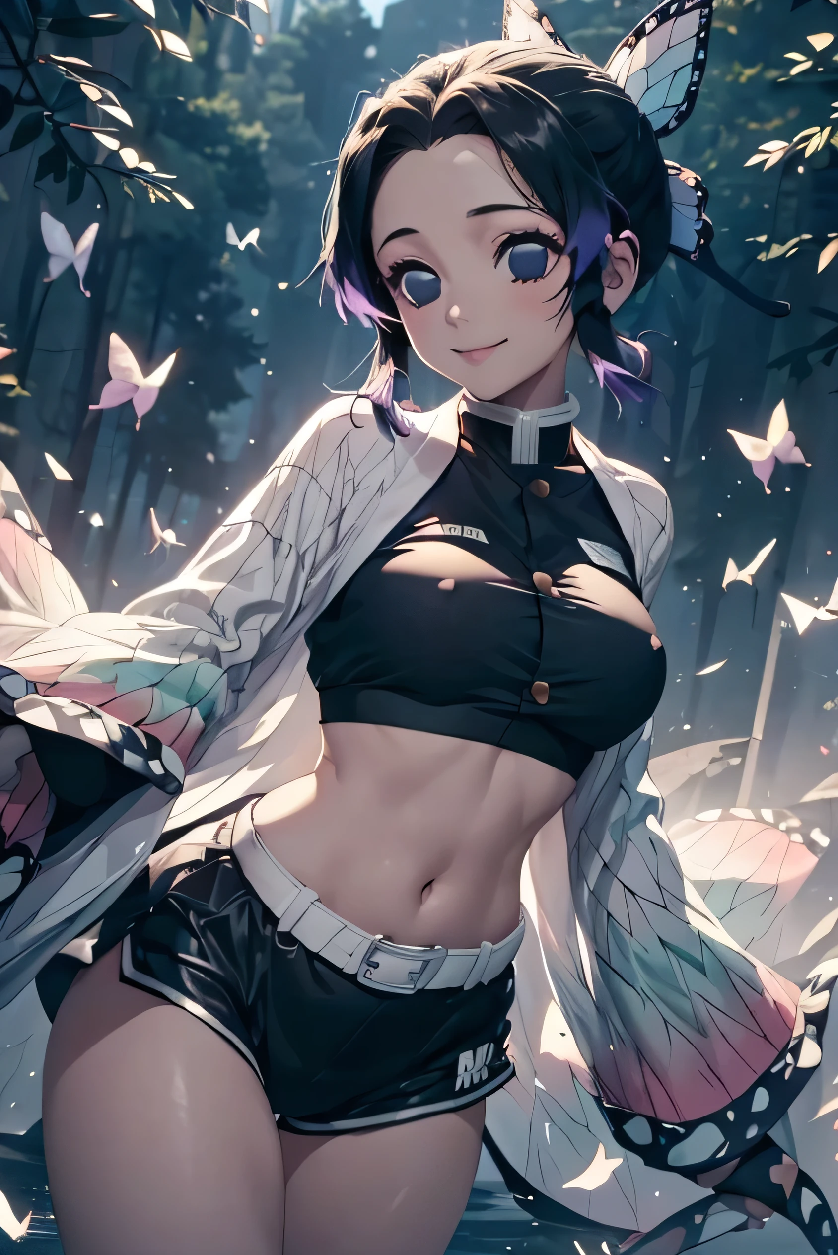 (Highest quality, 8k, Hmph:1.2), (Cute Japanese), （(Ninja costume:1.5)), (Falling from the sky), Top-down composition, Thin limbs, 穏やかなsmile, knife, butterflies dance, Perfect hands, Perfect Fingers, Perfect breasts, Perfect Hair, Perfect Face, Perfect body, High resolution,Bright Eyes,（long black eyelashes：1.5）,Toned body,Flat stomach,Fit,Tight tank top,Low rise running shorts,Erect nipples,The background is a public park,Belly button piercing,Wide Hips,Curvaceous,smile,Expressive,
