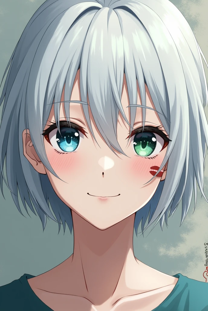 anime style, young adult woman, with one blue eye and one green eye, short white hair, with scar