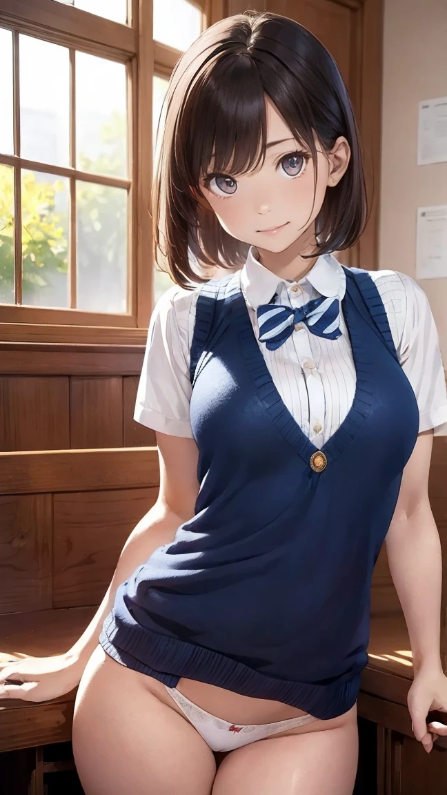 (masterpiece:1.2, Highest quality), (Realistic, Photorealistic:1.4), Beautiful illustrations, (Natural Side Lighting, Cinema Lighting), Written boundary depth, Looking at the audience, Front view, 1 person, English, high school girl, 20-year-old, Perfect Face, Symmetrical cute face, Glowing Skin, Spread your legs, (ボブヘア:1.7, ブロンド), Asymmetrical bangs, Big eyes, Droopy eyes, long eyelashes chest), thin, Beautiful Hair, Beautiful Face, Beautiful and beautiful eyes, Beautiful clavicle, Beautiful body, Beautiful thighs, Beautiful legs, Beautiful fingers, ((High quality fabric, Brown knitted vest, Short sleeve white collar shirt, ネイビーのプリーツスカート, Navy bow tie)), (Beautiful views), evening, (Inside the flower shop), Are standing, (smile, wonderful, Open your mouth), (((スカートめくり, ズボンがない, Genitals are visible))), Full Body Shot, Dark blue socks, Sexy Face,