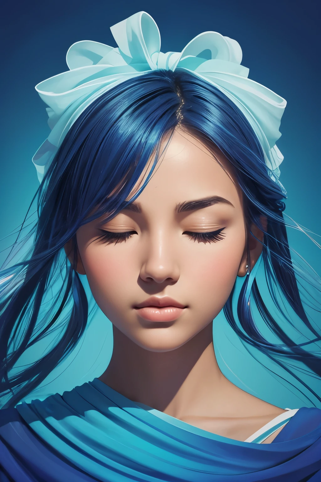 **An artistic and stylized image featuring the serene and ethereal face of a beautiful woman with her eyes closed. The face is sculpted in a soft, monochromatic blue hue, giving it a calm and peaceful appearance. The edges of the face blend into flowing, ribbon-like shapes that frame the face, adding a sense of fluidity and movement. The background is a gradient of soft blue tones, complementing the overall cool and peaceful aesthetic of the artwork. The image has a three-dimensional quality, with shadows and highlights enhancing the depth and contours of the face and surrounding elements**