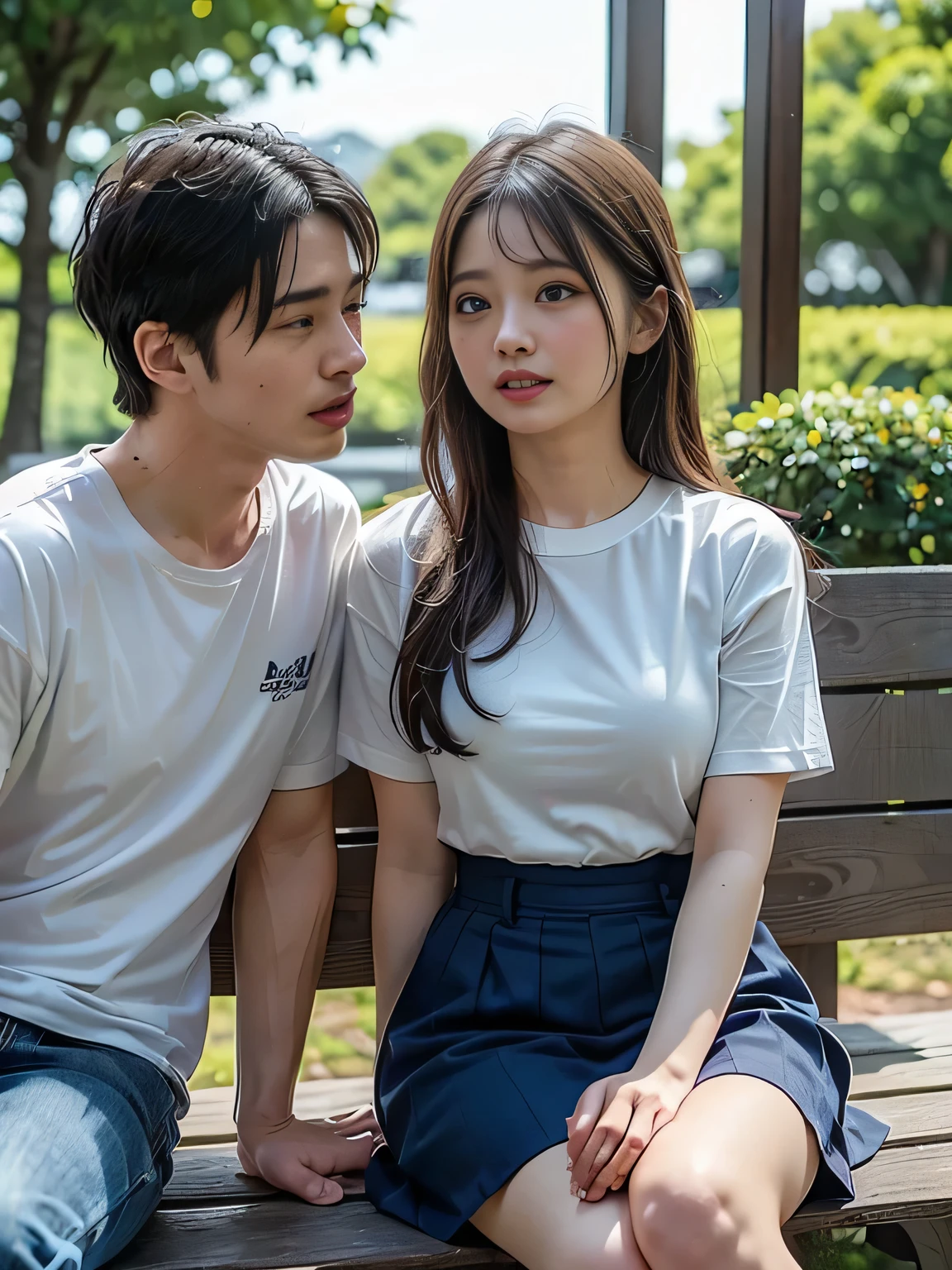 (high quality), (Realistic photos)、１male、１woman、((No audience:1.5))、((Outdoor:1.5))、((Park bench:1.3))、((Young Japanese couple arguing face to face:1.4))、((Angry Japanese woman and a Japanese male trying to talk to her:1.4)) 、((White short sleeveＴWoman wearing a shirt:1.4))、((whiteＴMan in a shirt:1.4))、((A woman glares at a man:1.7))、((A woman wearing a denim skirt that accentuates her thighs:1.4))、((White short sleeveＴWoman wearing a shirt:1.4))、((Woman with a scary expression:1.4))、