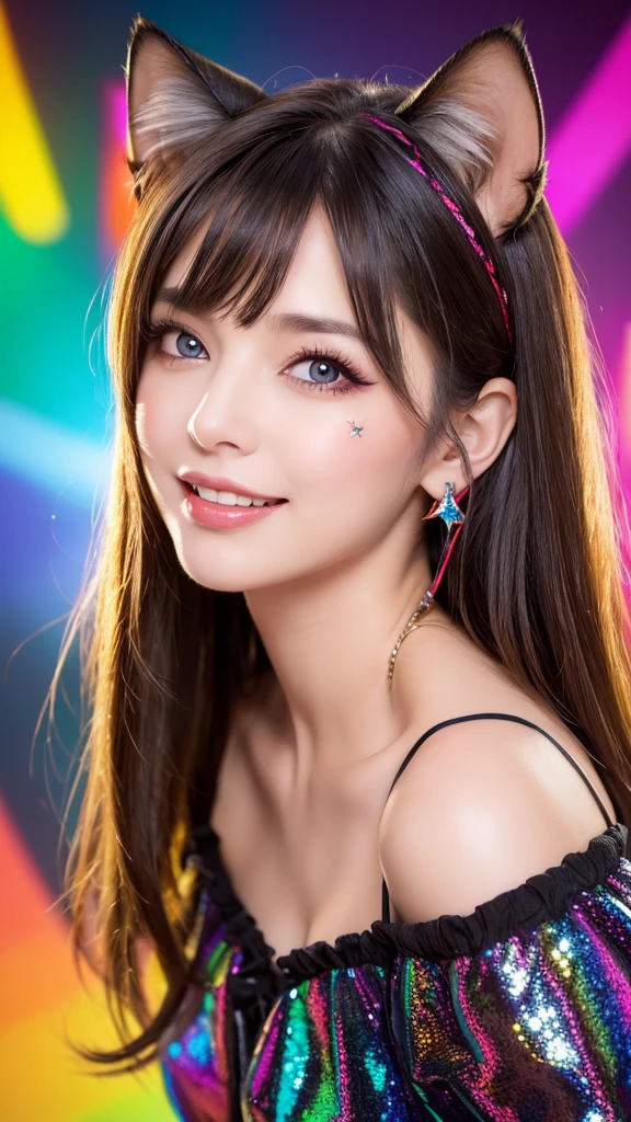 (masterpiece, Highest quality), ((One person, (Mature Woman) Long Hair), (Star-shaped pupils,  +_+, Symbol-shaped pupil, Sparkling eyes), (Cat ear, Open your mouth)), (View your viewers, A light smile, Off the shoulder), (Abstract, Multicolored background, Abstract background, chromatic aberration), vampire, There was blood on my face, Blood on clothes, Bat Wings