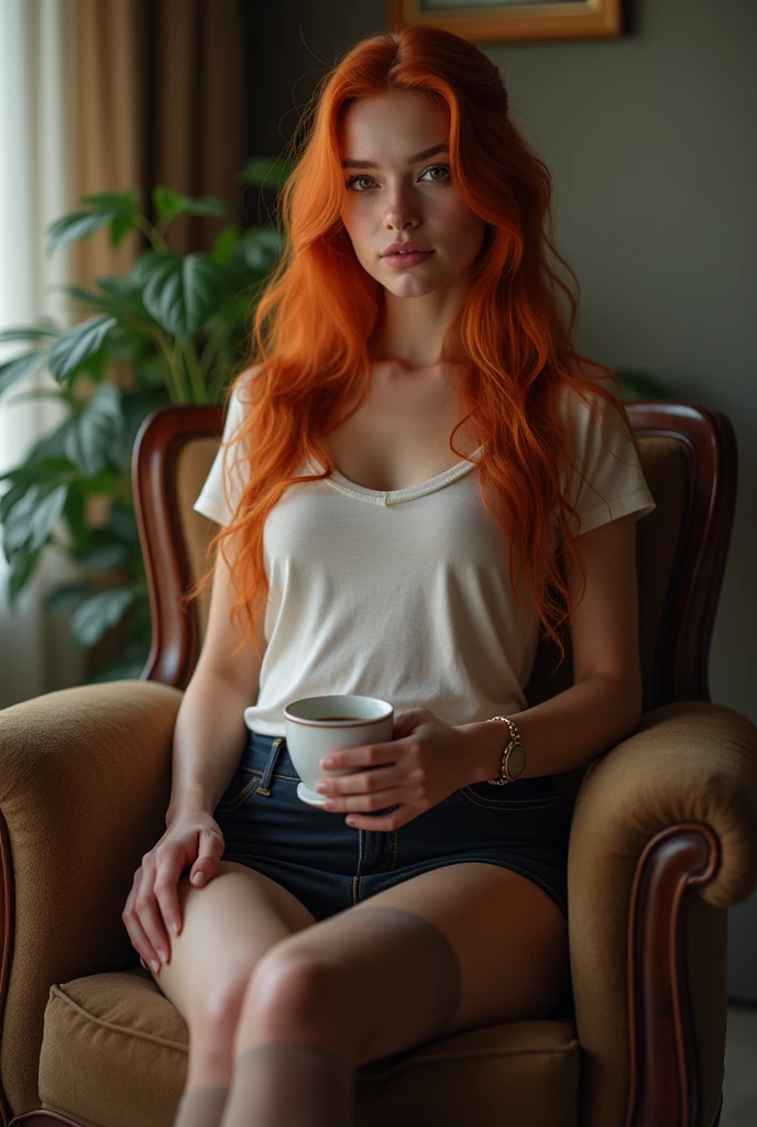 ultra realistic, Photography, long red hair, Girl, 18 years old, hourglass figure, perfect body, flirtatious look, extremely detailed artistic germ, In the Artgerm style, 35mm lens, blurred background, sitting in a chair in the living room drinking coffee, wearing a tight cotton t-shirt and a short latex miniskirt, Wear opaque thigh-high socks, showing legs, long legs, touching her legs, sexy legs, sexy legs, Whole body picture, Whole body portrait, Whole body, plano general, wide angle
