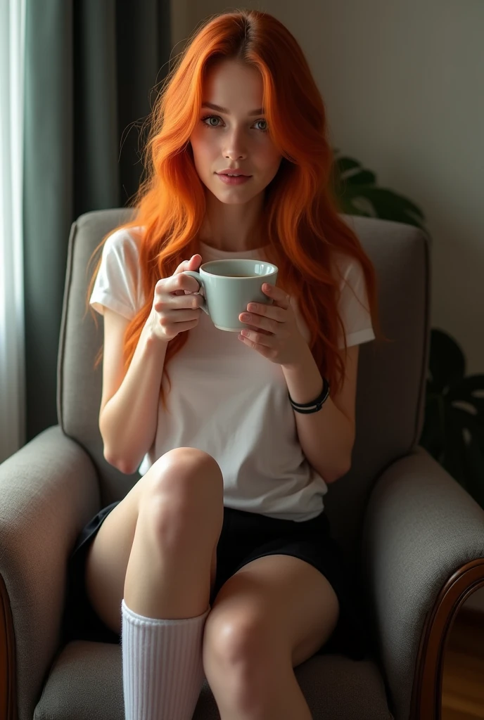 ultra realistic, Photography, long red hair, Girl, 18 years old, hourglass figure, perfect body, flirtatious look, extremely detailed artistic germ, In the Artgerm style, 35mm lens, blurred background, sitting in a chair in the living room drinking coffee, wearing a tight cotton t-shirt and a short latex miniskirt, Wear opaque thigh-high socks, showing legs, long legs, touching her legs, sexy legs, sexy legs, Whole body picture, Whole body portrait, Whole body, plano general, wide angle