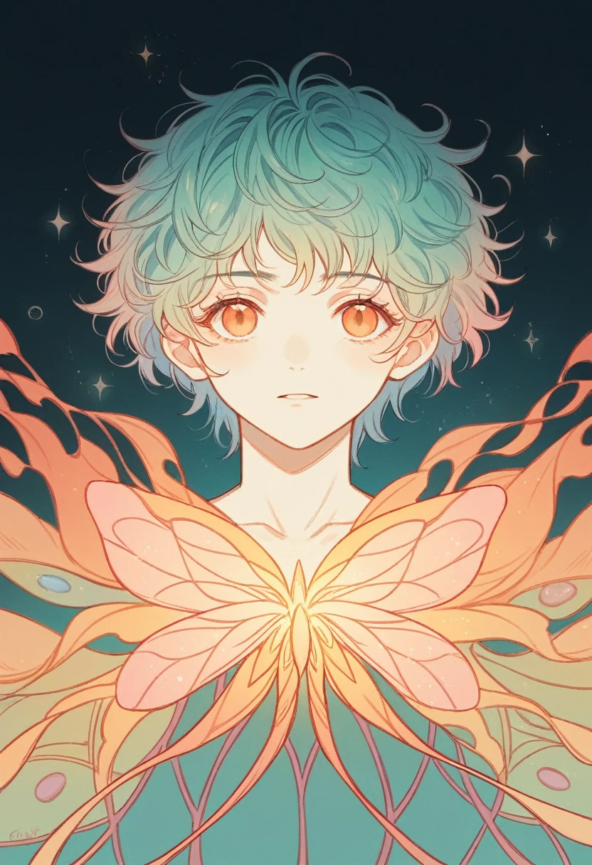 Whimsical anime style. close. Girl playing with fireflies. Medium Shot. Vibrant pastel colors. Sparkling fireflies dancing around her hair. Soft focus around the edges. Warm evening light with soft pink and purple gradients in the background. Harsh shadows, Strong contrast, Anime facial features, Complex background, Highest quality, Very detailed, No Texture, Painterly brushwork.